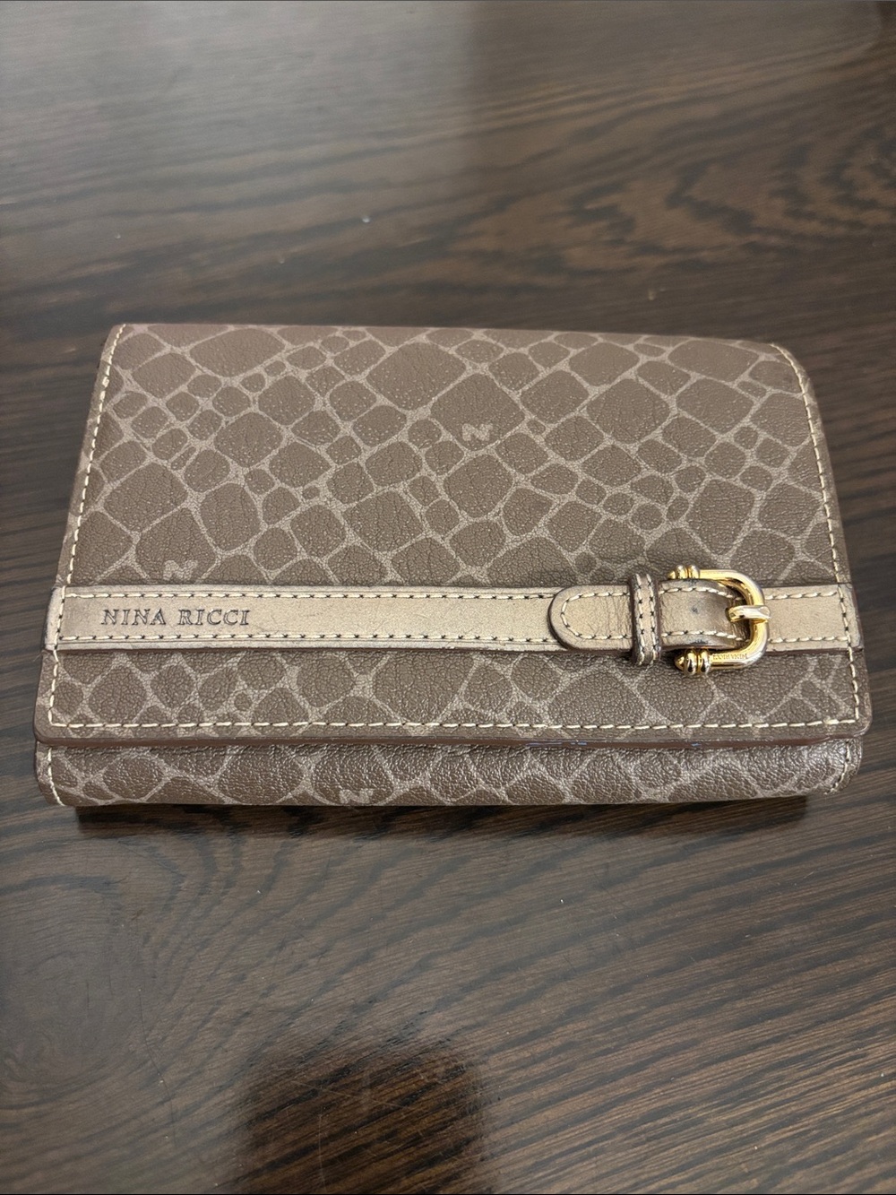 Vintage Nina Ricci Brown Monogram Bifold Wallet Gold Tone Buckle